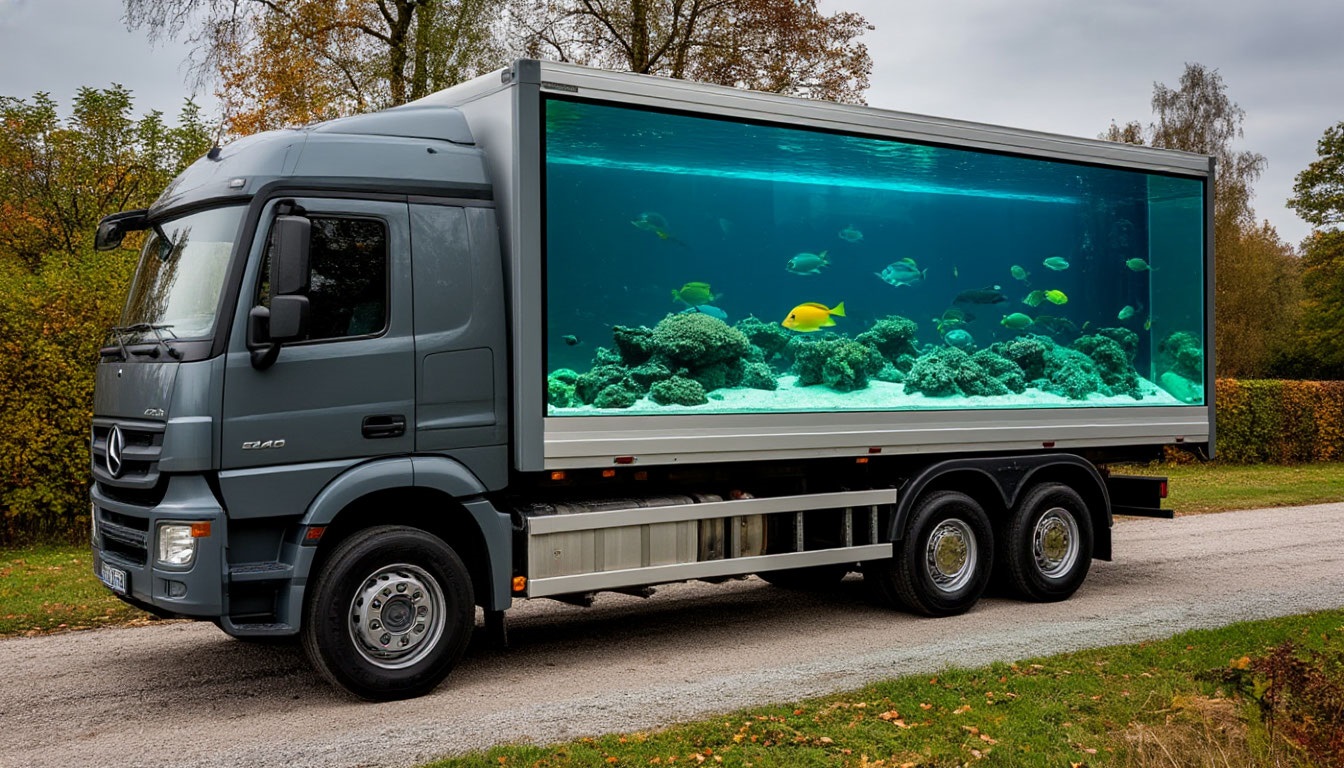 Фото сгенерировано нейросетью. Никакой грузовик не выдержит вес такого аквариума.